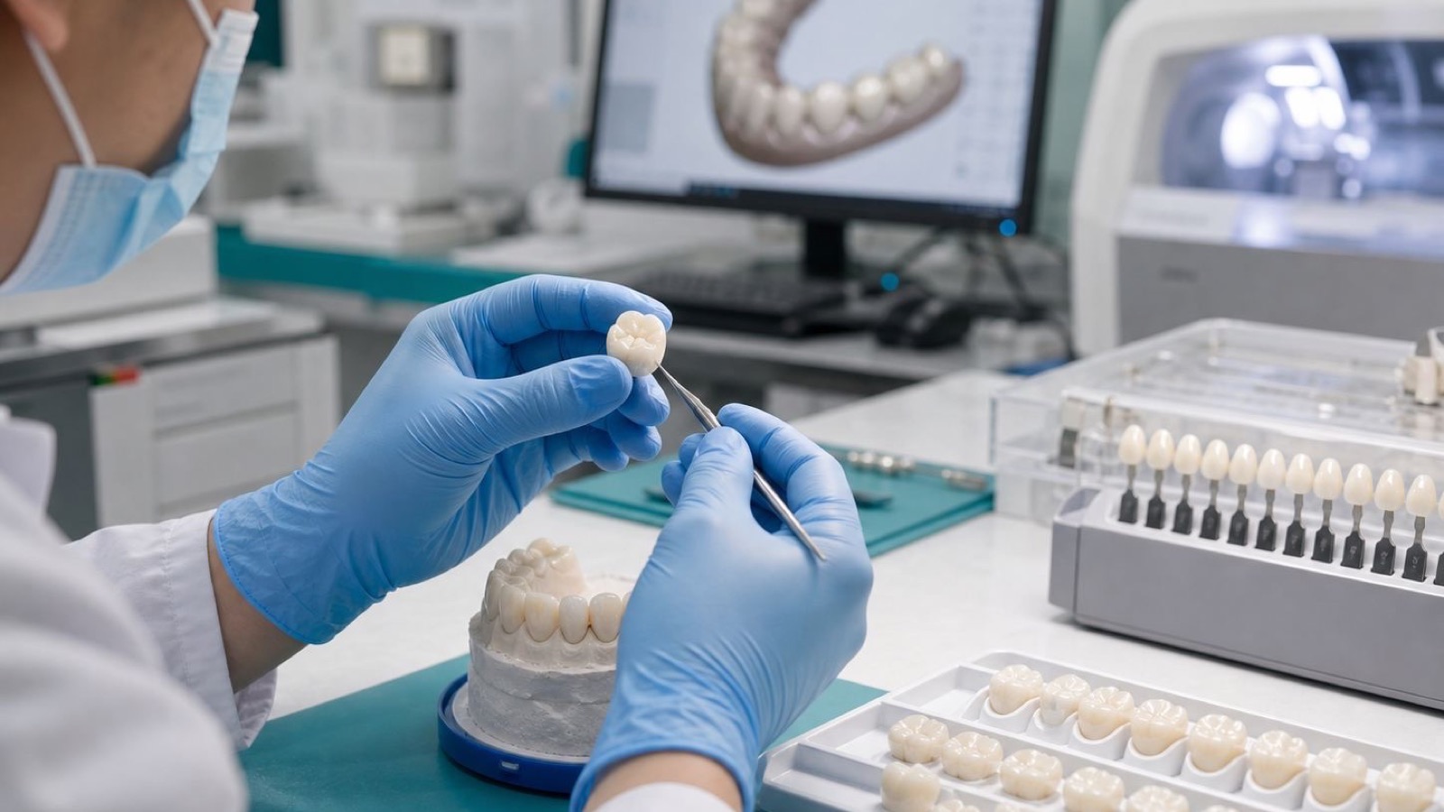 Dental technician inspecting all-ceramic restorations in the laboratory