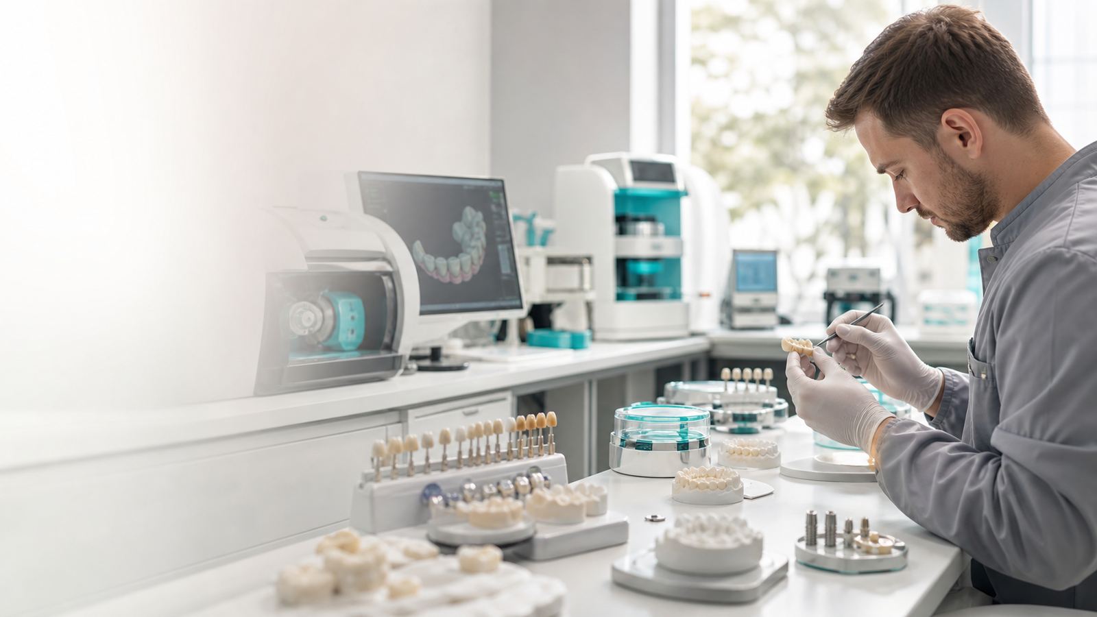 Modern dental laboratory with CAD/CAM equipment and ceramic restorations