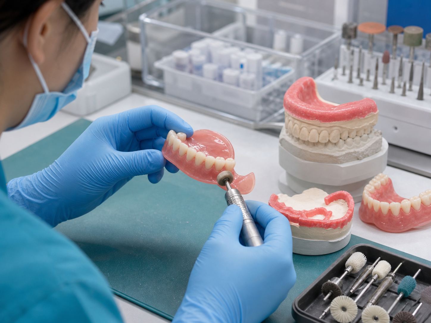 Technician polishing an acrylic denture base in a dental laboratory
