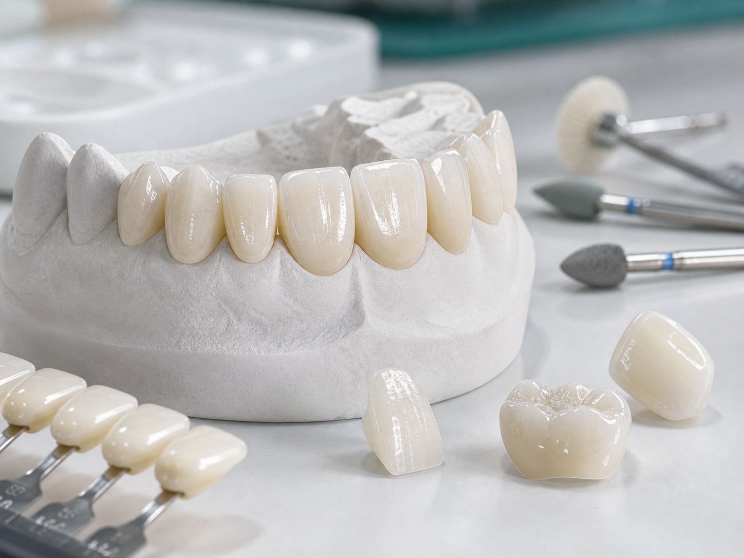Close-up of zirconia crowns and lithium disilicate veneers