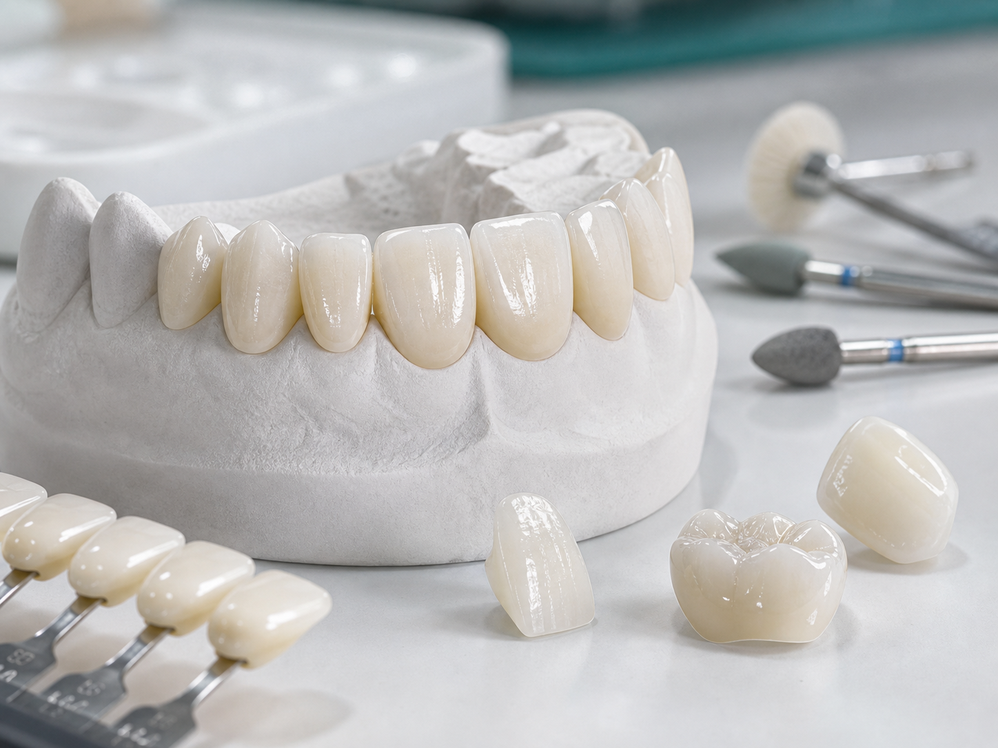 Close-up of zirconia crowns and lithium disilicate veneers