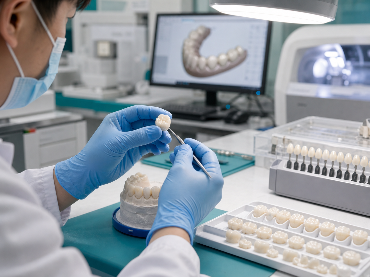 Technician inspecting all-ceramic crowns in a dental laboratory