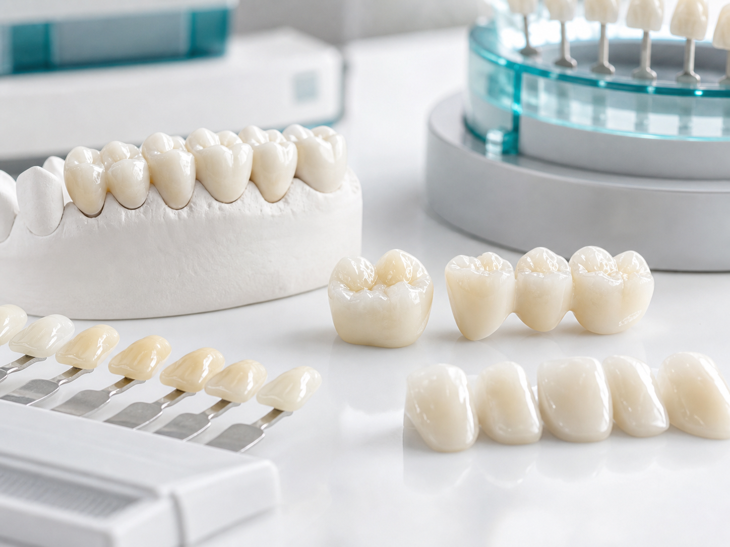 All-ceramic crowns and veneers on a dental laboratory bench