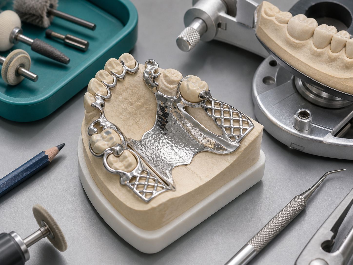 Close-up of chrome cobalt cast partial framework with clasps and rests