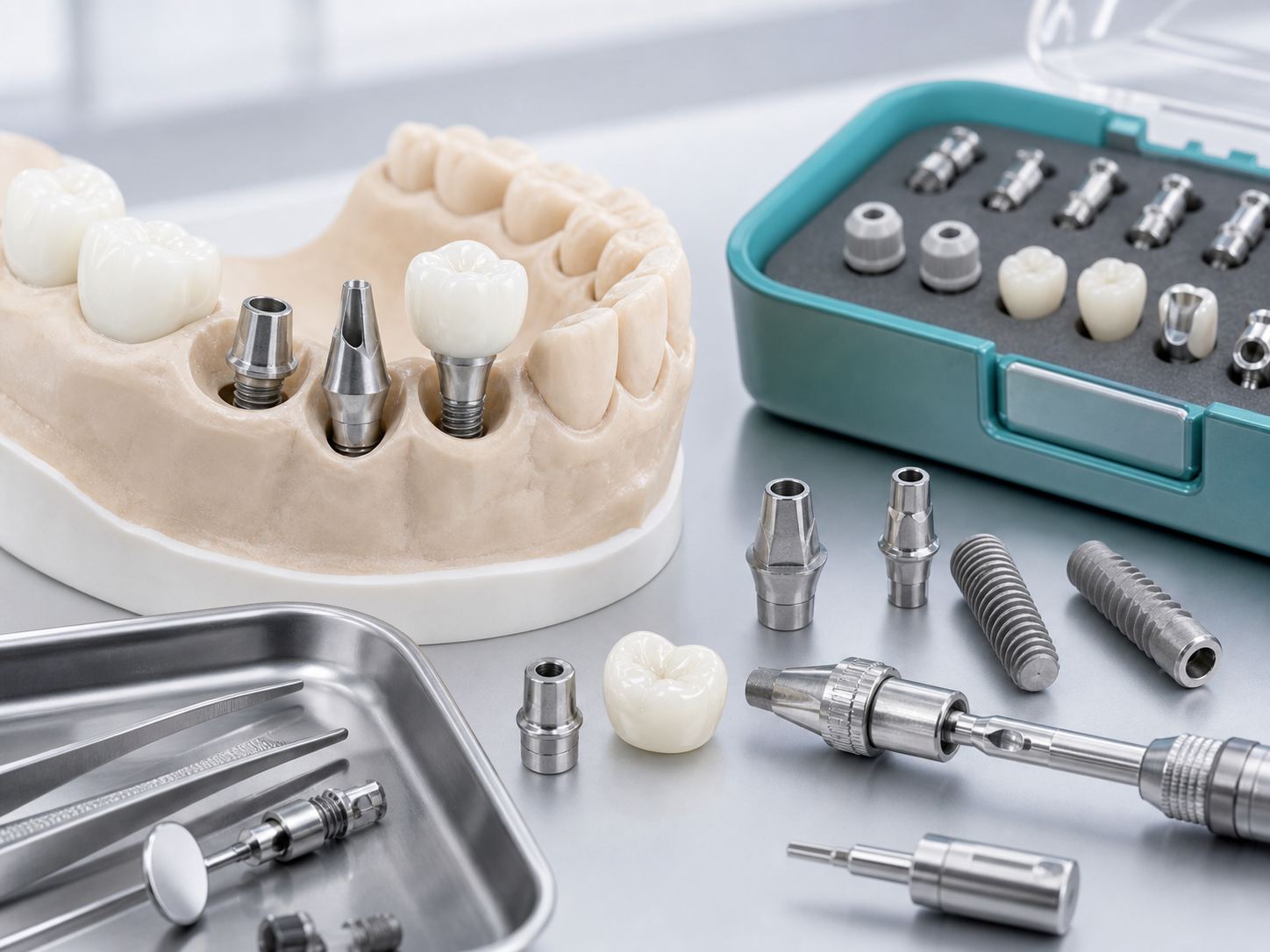 Close-up of implant crowns and custom titanium abutments
