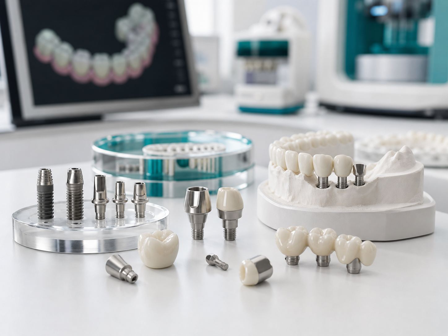 Implant crowns, abutments and components on a dental model
