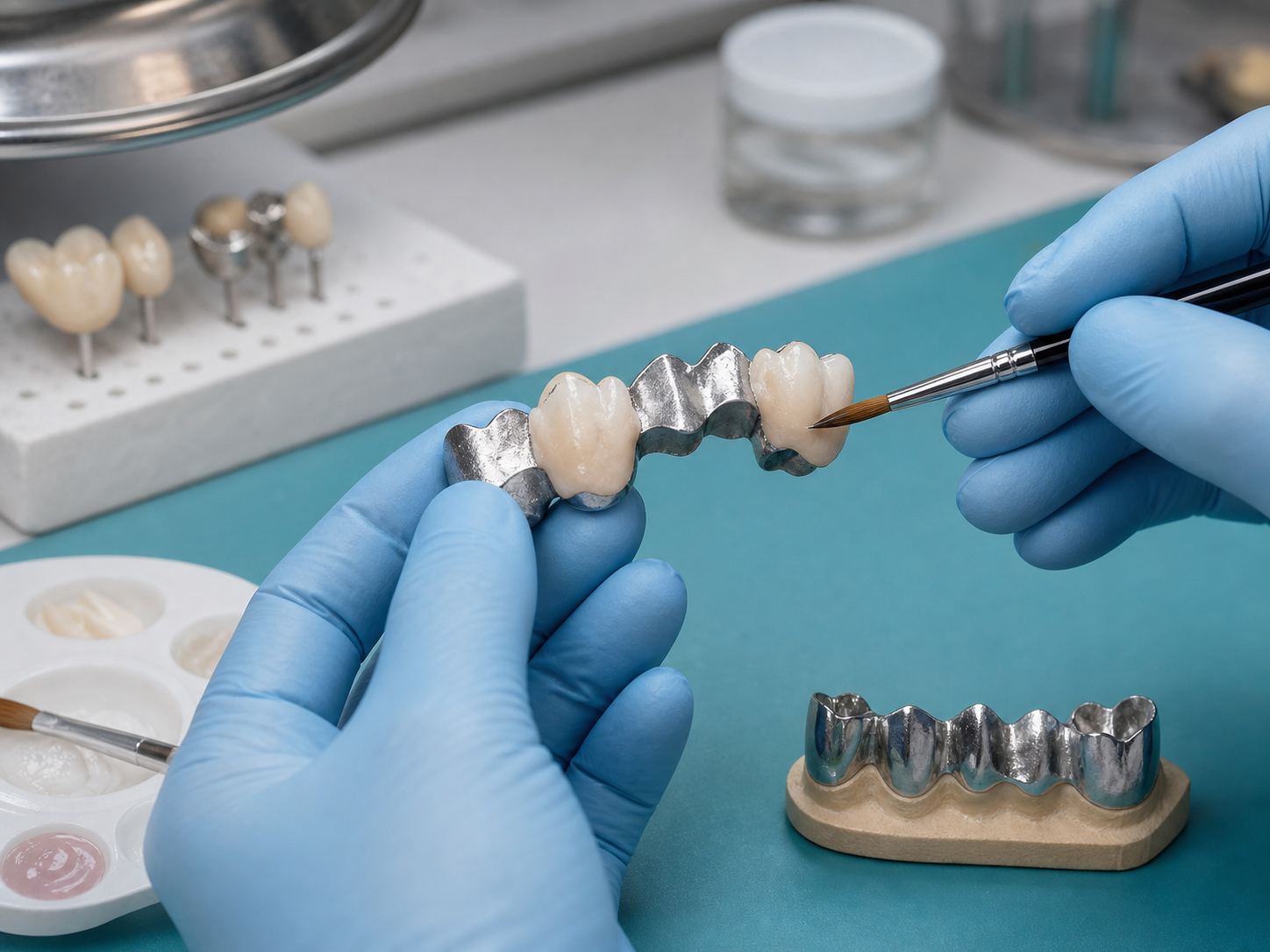 Technician applying porcelain to a PFM bridge framework