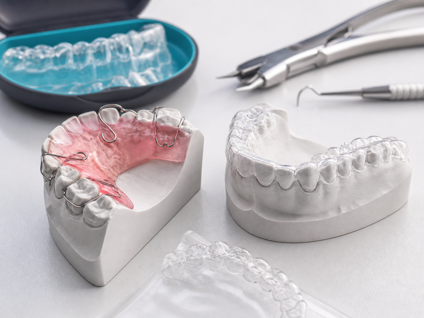 Close-up of clear retainers and a Hawley retainer on orthodontic models
