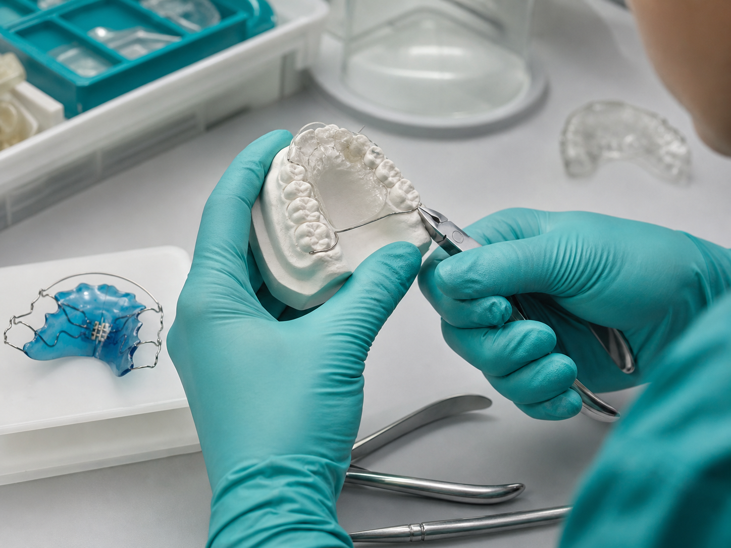 Technician trimming a clear retainer on an orthodontic model