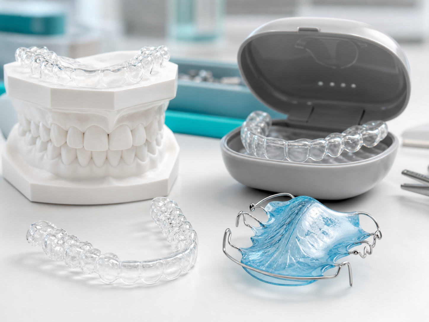 Clear retainers and Hawley orthodontic retainer on a lab tabletop